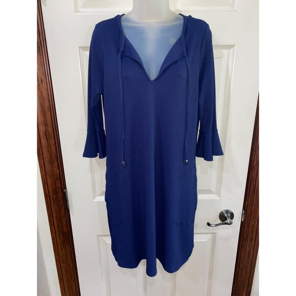 Tommy Bahama Navy Blue 3/4 Sleeve Dress W/ Flared Cuffs & Drawstring Neckline Si - Picture 9 of 11
